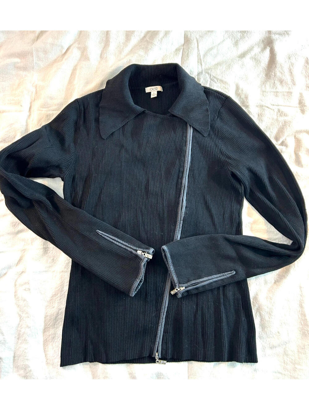Cache Black Ribbed Zip Up Cardigan Structured Collar Size L